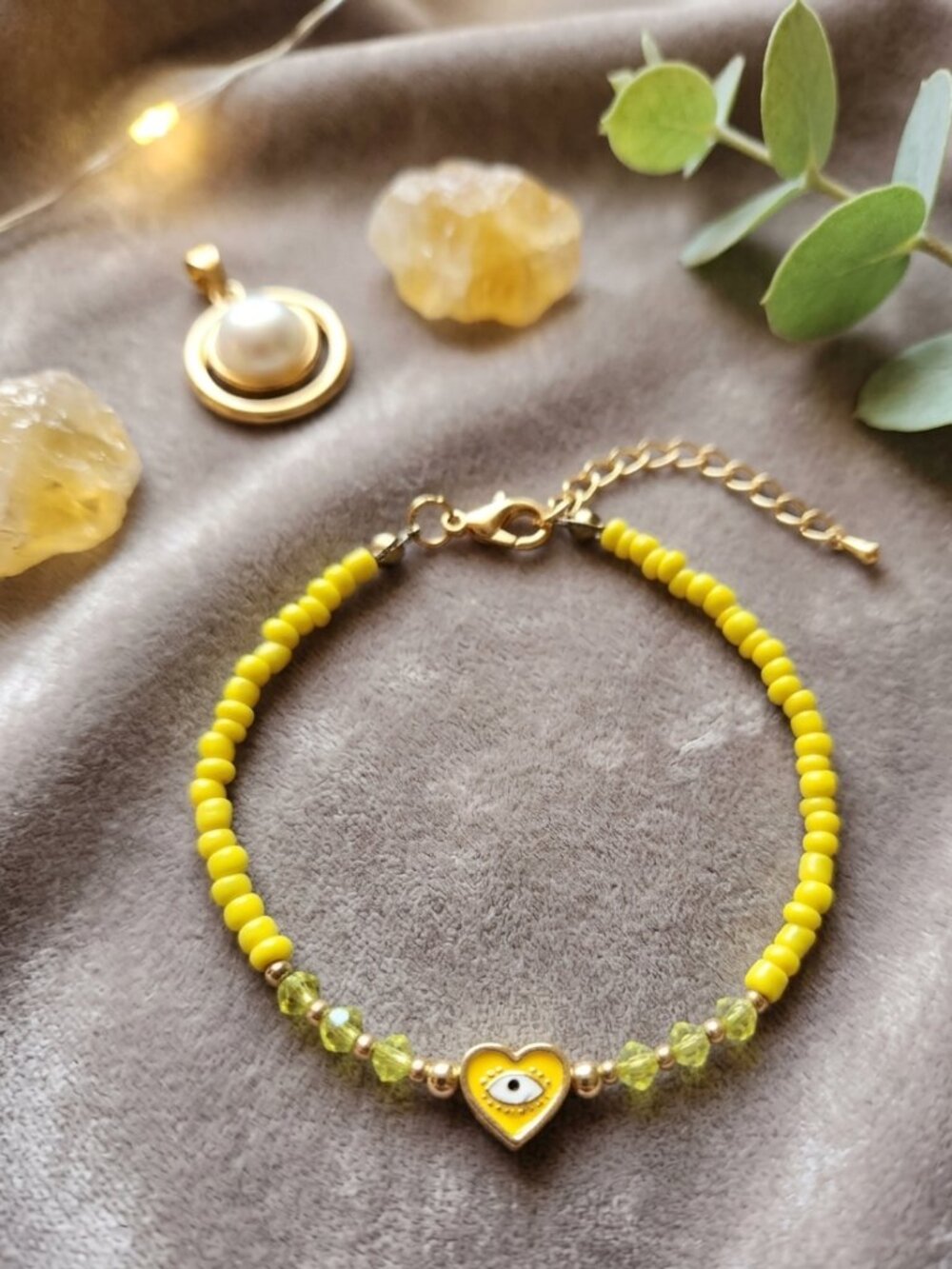 Handmade Yellow Evil Eye Heart Beaded Bracelet – Dubai Souk Protection Jewelry